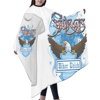 Personality  T-shirt Design Sturgis With Bald Eagle And Blue Coat Of Arm And Blue Motorcycle Drawing - Colored Illustration Isolated On White Background, Vector Hair Cutting Cape