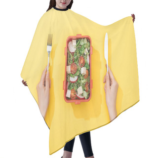 Personality  Cropped View Of Woman Holding Fork And Knife Over Lunch Box With Salad Hair Cutting Cape