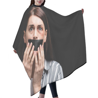 Personality  Scared Woman In Bruises Touching Adhesive Tape On Mouth Isolated On Black  Hair Cutting Cape