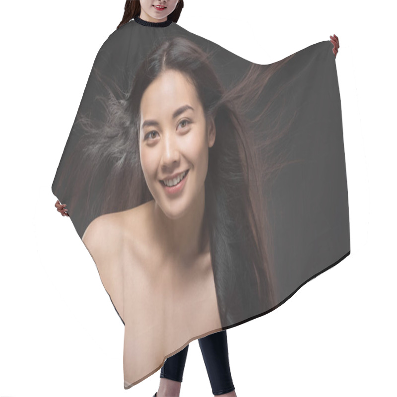 Personality  Portrait Of Smiling Asian Woman With Healthy And Strong Hair Isolated On Black Hair Cutting Cape