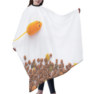 Personality  Top View Of Rubber Toy Near Cat Dry Food On White Background Hair Cutting Cape