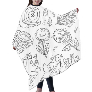 Personality  Cat, Bird, Snail. Flowers And Leaves. Set. Isolated Vector Objects On White Background. Hair Cutting Cape
