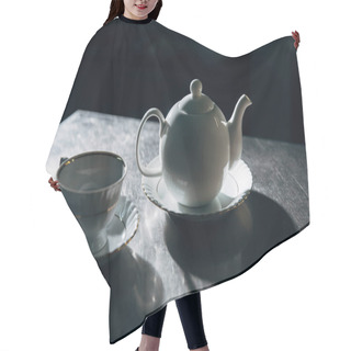 Personality  Vintage Teapot An Cup On Metal Surface In Dark Room Hair Cutting Cape