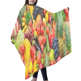 Personality  Assorted Fresh Ripe Fruits And Vegetables. Food Concept Background. Top View. Copy Space. Hair Cutting Cape