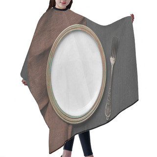 Personality  Top View Of Vintage White Empty Round Plate On Black Wooden Table Near Brown Napkin And Silver Fork Hair Cutting Cape