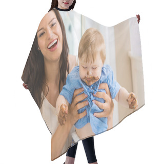 Personality  Mother Holding Baby Boy With Cake Icing On Face Hair Cutting Cape
