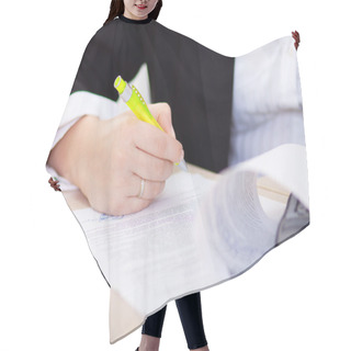 Personality  Hand Of The Businesswoman Writing Note (hand With Pen In Focus) Hair Cutting Cape
