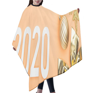 Personality  Top View Of White 2020 Numbers Near Golden Christmas Decoration On Orange Background, Panoramic Shot Hair Cutting Cape