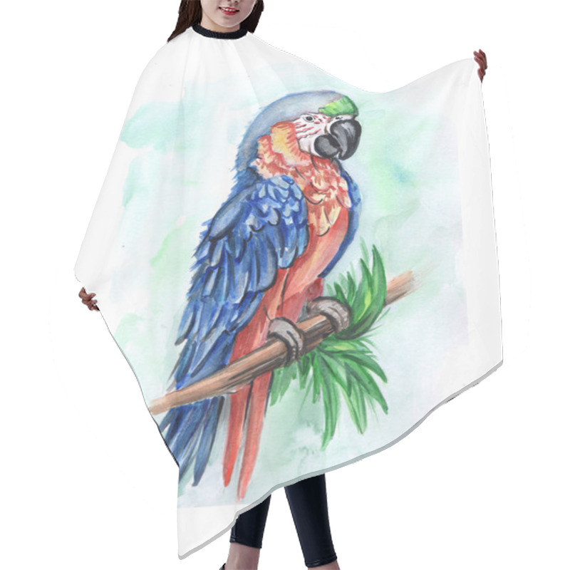 Personality  Watercolor Hand Drawn Parrot With Branch And Tropical Leaves. Exotic Exotic Illustration Hair Cutting Cape