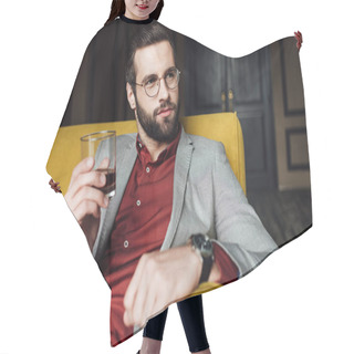 Personality  Stylish Bearded Man Holding Glass Of Whiskey   Hair Cutting Cape