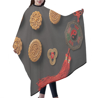 Personality  Top View Of Traditional Mooncakes With Chinese Talismans Isolated On Black Hair Cutting Cape