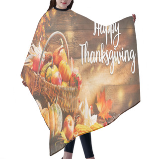 Personality  Happy Thanksgiving. Pumpkins With Fruits And Falling Leaves On Rustic Wooden Table Hair Cutting Cape