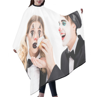 Personality  Cheerful Clown Throwing Cupcake In Face Of Surprised Woman Isolated On White  Hair Cutting Cape