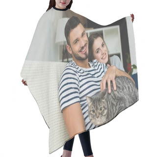Personality  Beautiful Young Couple With Adorable Tabby Cat Sitting On Couch Hair Cutting Cape