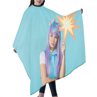 Personality  Dissatisfied Asian Anime Girl In Wig Looking Away Isolated On Blue Hair Cutting Cape