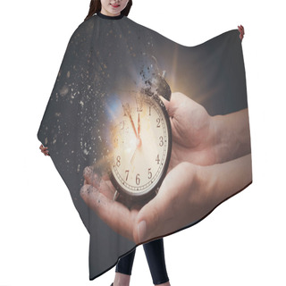 Personality  Concept Of Passing Away, The Clock Breaks Down Into Pieces. Hand Holding Analog Clock With Dispersion Effect Hair Cutting Cape