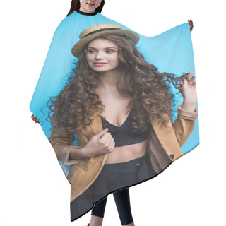 Personality  Attractive Young Woman With Long Curly Hair In Fashionable Canotier Hat And Jacket Isolated On Blue Hair Cutting Cape