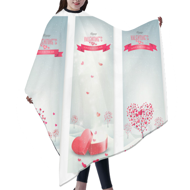 Personality  Holiday Retro Banners. Valentine Trees With Heart-shaped Leaves. Hair Cutting Cape