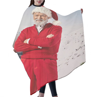 Personality  Cheerful White Bearded Man Dressed In Santa Costume Crossing Hands Smiling At Camera, Winter Concept Hair Cutting Cape
