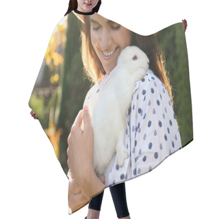 Personality  Happy Woman With Cute Rabbit Outdoors On Sunny Day, Closeup Hair Cutting Cape