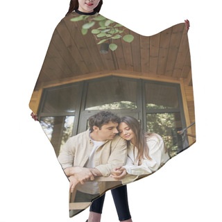 Personality  Brunette Man Standing Near Smiling Girlfriend With Closed Eyes On Terrace Of Wooden Vacation House Hair Cutting Cape