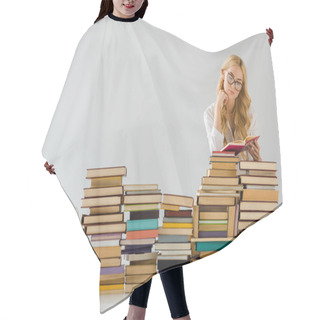 Personality  Beautiful Woman In Glasses Reading Near Pile Of Books Hair Cutting Cape
