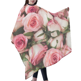 Personality  Floral Composition With Pink Rose Flowers Pattern Texture Background. Flatlay, Top View. Hair Cutting Cape
