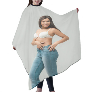 Personality  Overweight And Happy African American Girl In Jeans And Bra Isolated On Grey Hair Cutting Cape