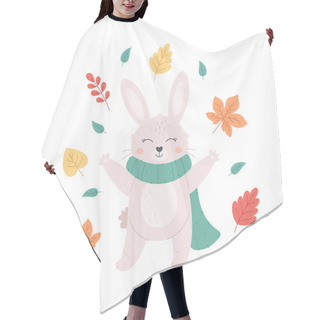Personality  Cute White Bunny In Scarf With Autumn Leaves. Autumn, Hello Autumn. Vector Illustration Hair Cutting Cape