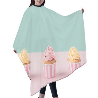 Personality  Three Cupcakes With Buttercream In Row On Pastel Background Hair Cutting Cape