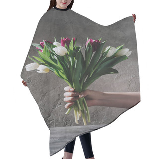 Personality  Cropped View Of Woman Holding Spring Tulips On Grey Surface Hair Cutting Cape