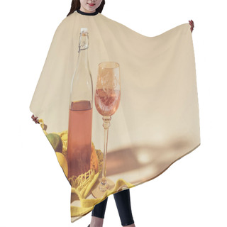 Personality  Close-up View Of Drink In Glass And Bottle, String Bag And Fresh Fruits On Brown   Hair Cutting Cape