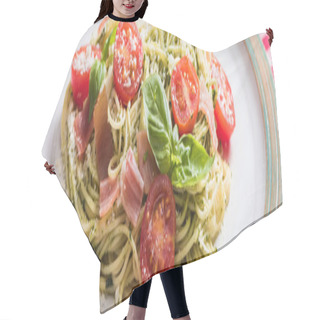 Personality  Pappardelle With Tomatoes, Basil And Prosciutto On Grey Surface With Plaid Napkin, Panoramic Shot Hair Cutting Cape