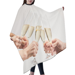 Personality  Cropped View Of Men And Women Clinking Champagne Glasses With Sparkling Wine Isolated On Grey  Hair Cutting Cape