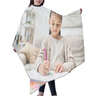 Personality  Portrait Of Cute Elementary Age Girl Drawing With Color Pencil On Paper In Modern Apartment Hair Cutting Cape