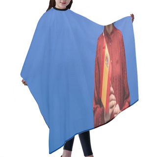 Personality  Cropped View Of Happy Language Teacher Smiling While Holding Flag Of Spain Isolated On Blue, Banner  Hair Cutting Cape