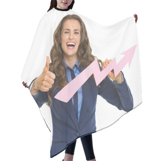 Personality  Smiling Business Woman Showing Graph Arrow Going Up Hair Cutting Cape