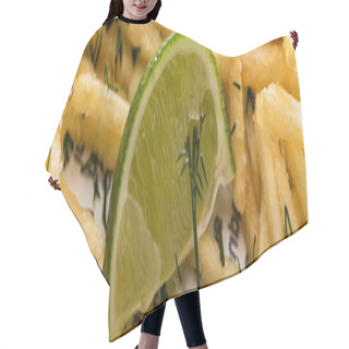 Personality  Panoramic Shot Of Lime Near Crispy French Fries With Dill  Hair Cutting Cape