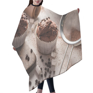 Personality  Close Up View Of Fresh Chocolate Muffins Near Marshmallow, Cocoa Powder And Sieve On Wooden Cutting Board Hair Cutting Cape