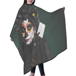 Personality  Woman In Mexican Santa Muerte Costume Holding Card On Dark Green Background  Hair Cutting Cape
