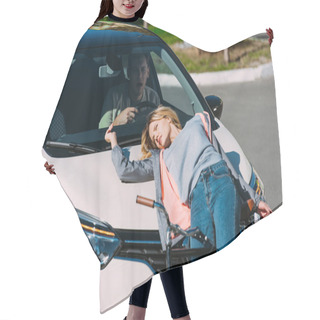 Personality  Young Woman Go Mowed Down By Car While Driving Bicycle On Road, Car Accident Concept Hair Cutting Cape