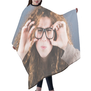 Personality  Nerd Woman On Gray Background Hair Cutting Cape