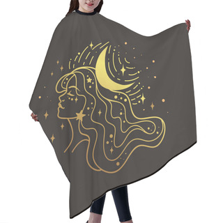 Personality  Fairy Golden Girl With Space Hair. Astrology And Astronomy Business Concept, Fortune Tellers, Predictions, Horoscope. Logo Vector Illustration. Witchcraft, Spirituality. Hair Cutting Cape