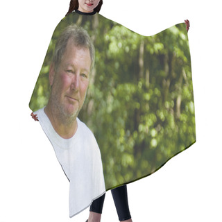 Personality  Happy Middle Age Man Wooded Background Hair Cutting Cape