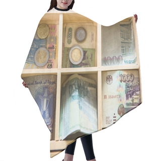Personality  Banknotes And  Coins. Concept: Money Or Shopping. Wooden Cashbox. Hair Cutting Cape
