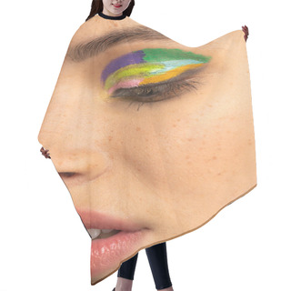 Personality  Close Up View Of Freckled Teenage Model With Colorful Eyeshadows Hair Cutting Cape