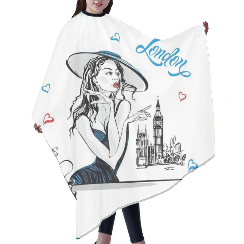 Personality  Girl In The Hat Drinking Coffee.  Fashion Model In London. Big Ben. Romantic Composition. Elegant Model On Vacation. Vacation. Tourism Industry.  Vector Hair Cutting Cape