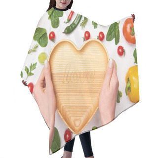 Personality  Partial View Of Woman Holding Wooden Cutting Board And Vegetables On White Background Hair Cutting Cape