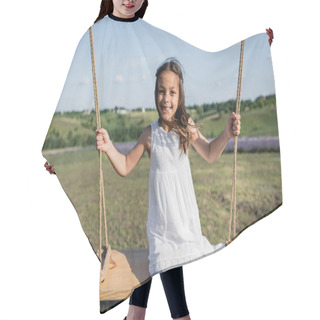 Personality  Excited Girl In Summer Dress Riding Swing In Meadow Hair Cutting Cape