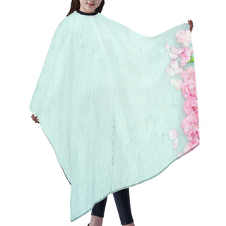 Personality  Blue Wooden Background With Pink Flowers Hair Cutting Cape